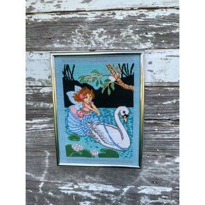 Vintage 1980s Finished Needlepoint picture Fairy Nymph Riding a Swan